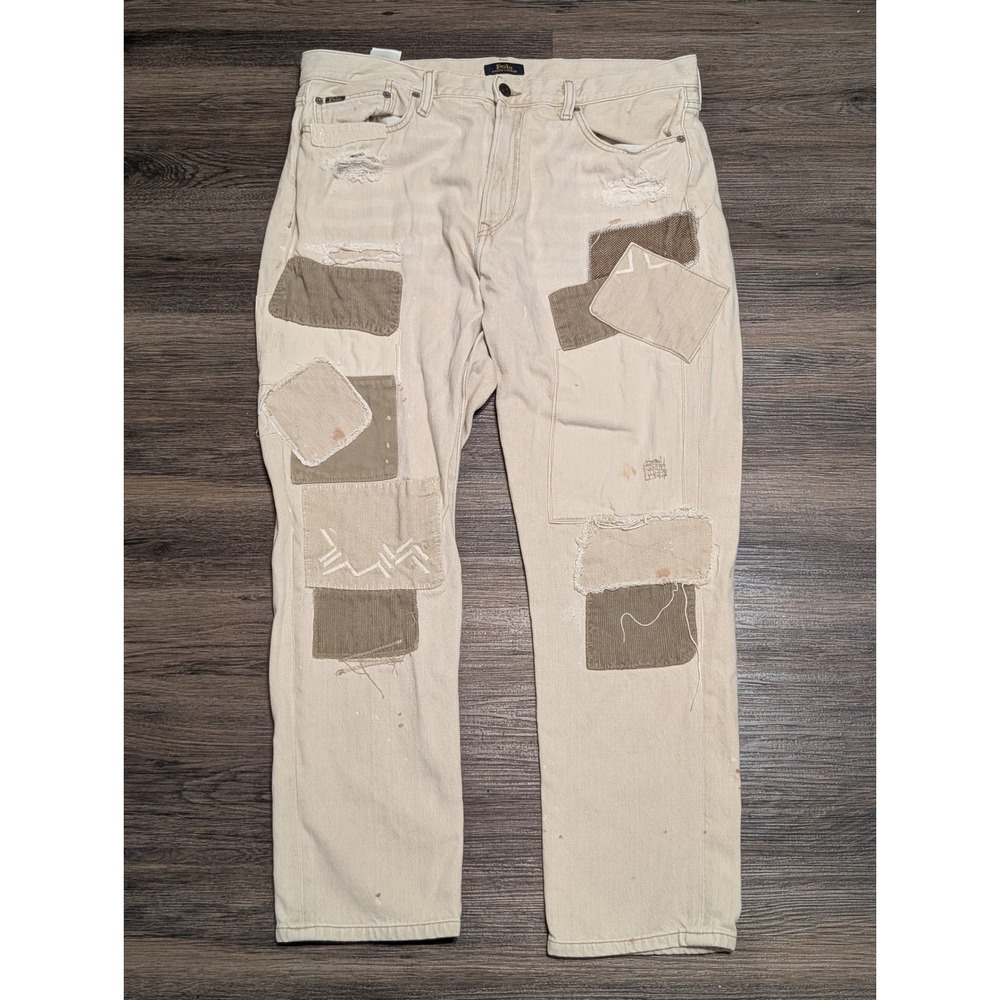 Polo Ralph Lauren Mens 31R Patchwork Distressed Straight Jeans Cream Off-White